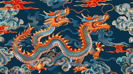 A golden dragon soars through a red sky, its scales gleaming in the light. The dragon is a symbol of power, strength, and good luck.