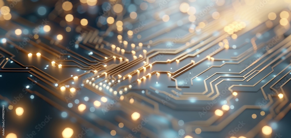 Aufkleber Close-up view of a circuit board with luminous components, showcasing advanced technology and digital connection in a vibrant and dynamic composition.