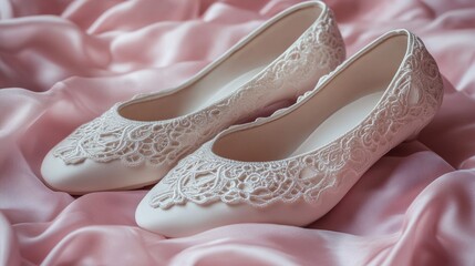 White ballet flats with intricate lace details placed on a soft pastel pink fabric romantic and delicate 