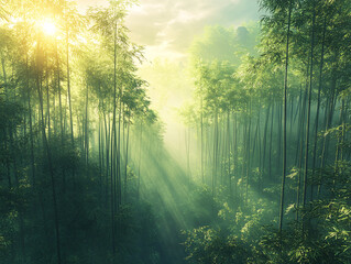 a sunlit forest with tall bamboo stalks, and a clear blue sky.