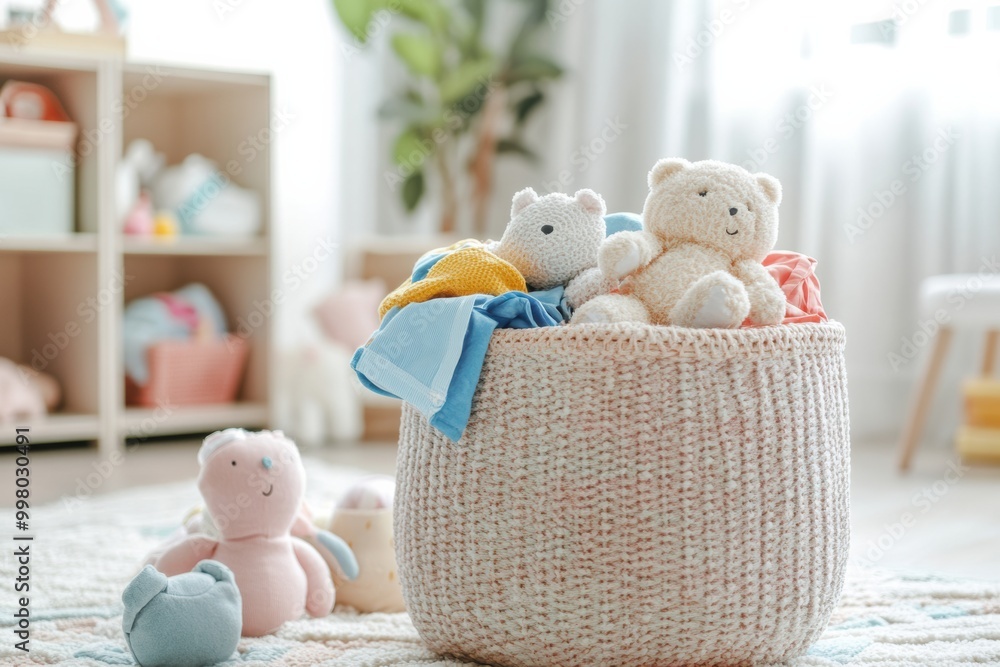 Aufkleber children's clothes and soft toys are neatly arranged in a laundry basket in a sunlit room, creating 