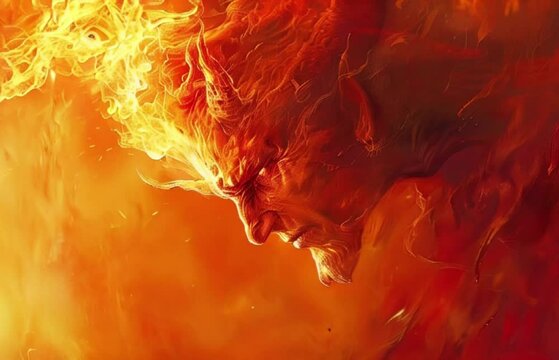 Scary sinister devil is in hell with dramatic fire lighting