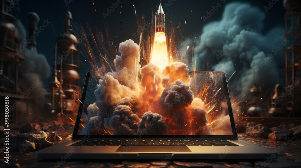 Poster a laptop is on a table with a rocket explosion in the background