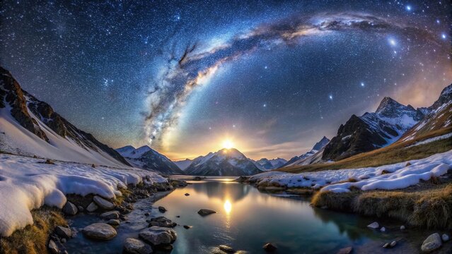 Fisheye view of Milky Way and meteor over snowy mountain peak in Dombai with river Teberda streams at night
