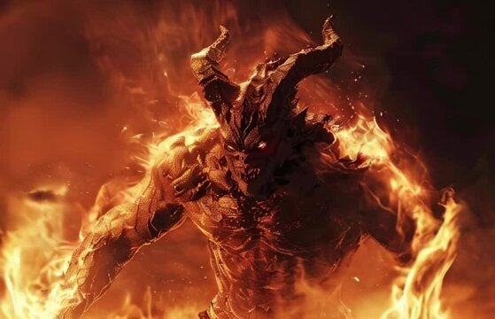 Scary sinister devil is in hell with dramatic fire lighting