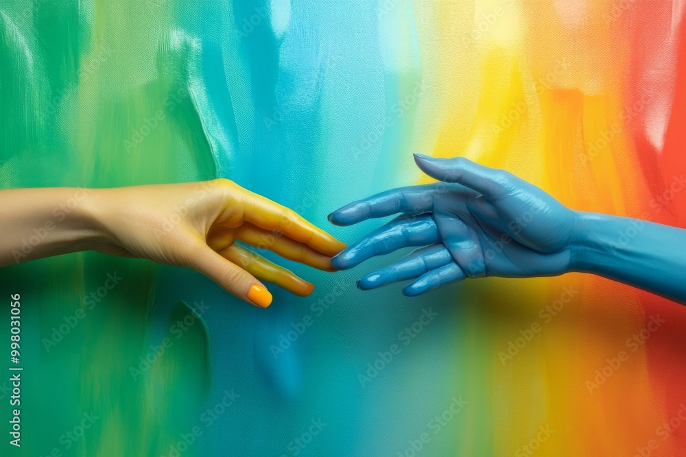 Poster colorful abstract hands reaching towards each other symbolizing connection help and inclusivity in a