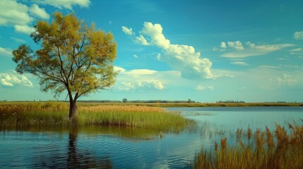 Fototapeta premium Tranquil Lake Scene with a Solitary Tree