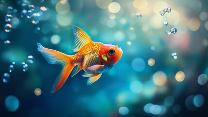 Close-up of a beautiful, orange fish on the blue water surface