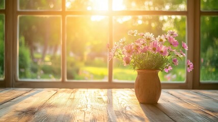 Vibrant flowers in a vase by a sunlit window, creating a warm, inviting atmosphere.