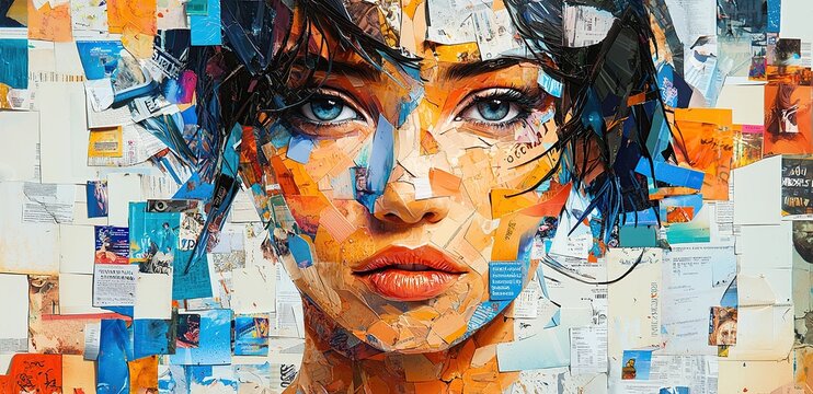A woman's face formed by a collage of colorful paper scraps.