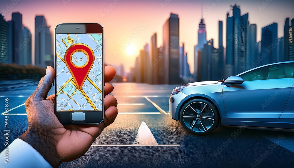 Poster a person holds a smartphone displaying a map with a location pin, with a cityscape and a car in the 