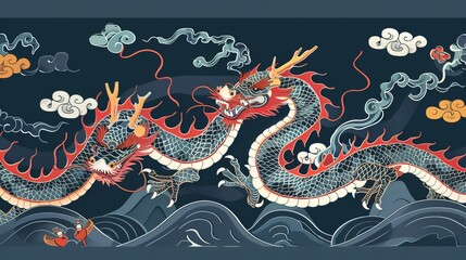 A golden dragon soars through a red sky, its scales gleaming in the light. The dragon is a symbol of power, strength, and good luck.