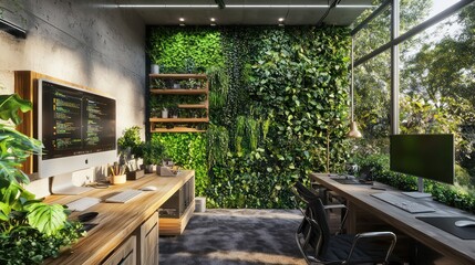 Home office with a sustainable living theme, featuring recycled materials, a vertical garden, and eco-friendly tech Green and innovative