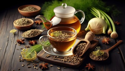 Herbal infusion fennel tea in glass cup and glass tea pot with dried fennel seeds in wooden shovel. Herbal tea alternative medicine background concept.