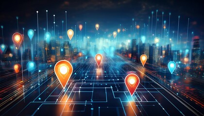 A futuristic cityscape with glowing location pins representing navigation and data connectivity in a digital environment.