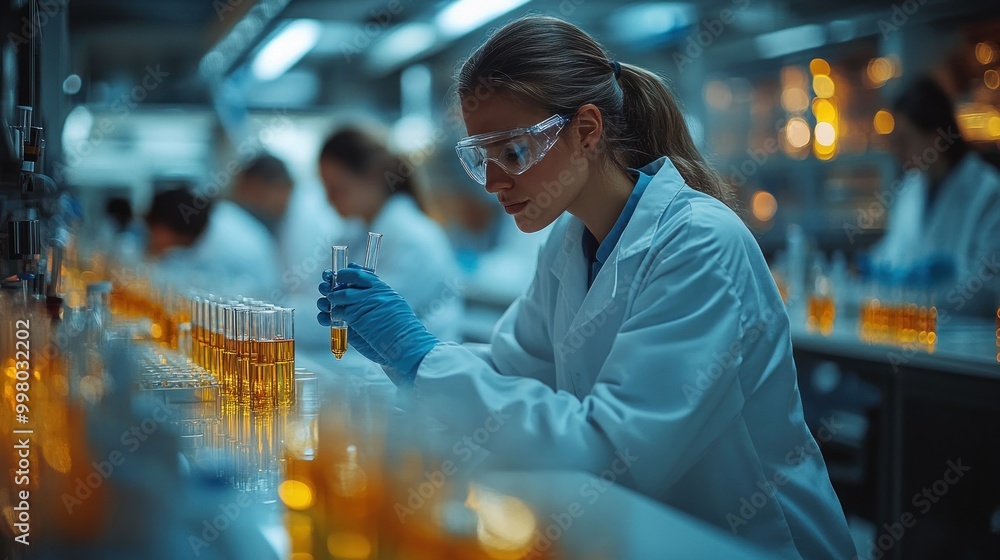 Poster scientist analyzing samples in lab