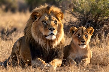 Fototapeta premium Young lion cub with a big and beautiful lion father in the jungle