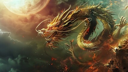 A golden dragon soars through a red sky, its scales gleaming in the light. The dragon is a symbol of power, strength, and good luck.
