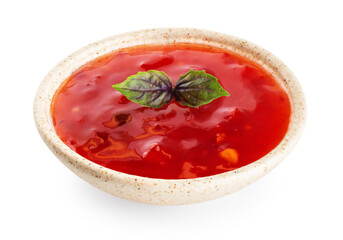 Sweet chili sauce in bowl isolated on white background. With clipping path.