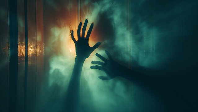 Ghostly hands emerges in a foggy darkness