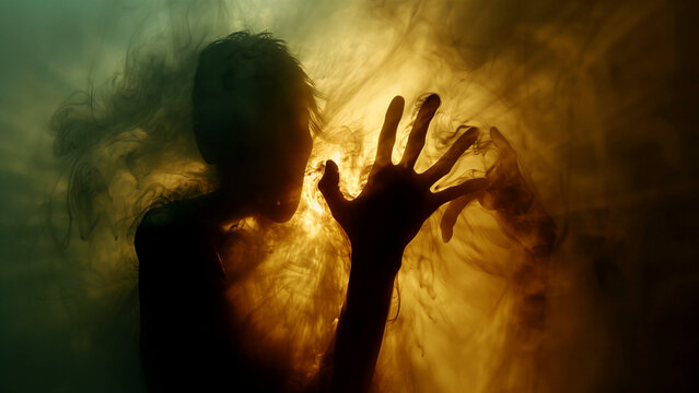 Phantom hand emerges in a foggy darkness
