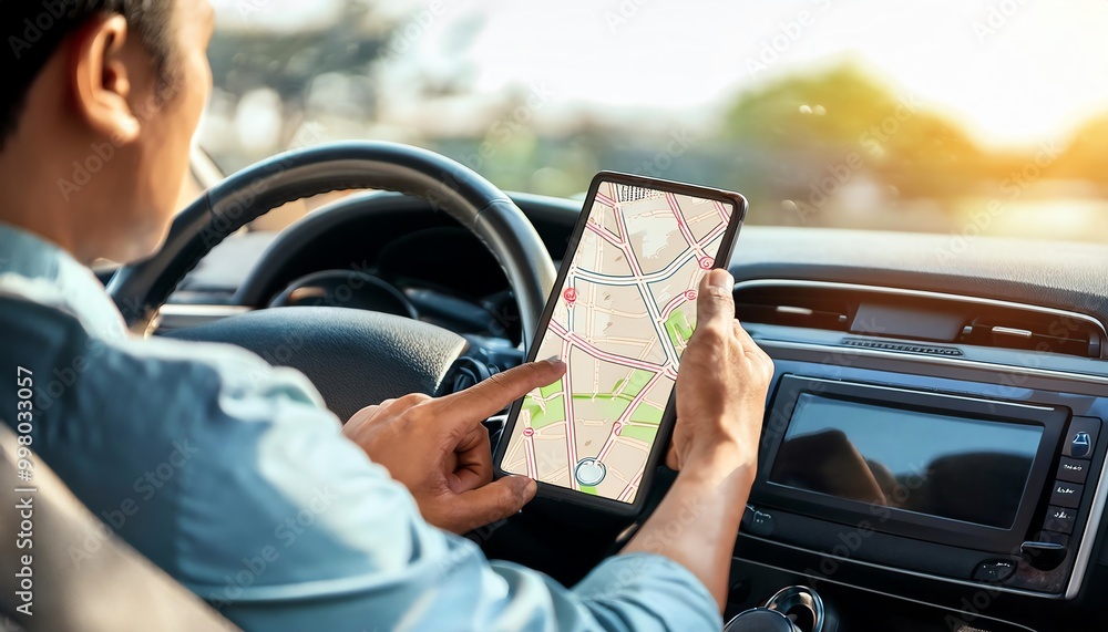 Poster a person navigates using a map on a tablet while driving, with a scenic view outside the car window 