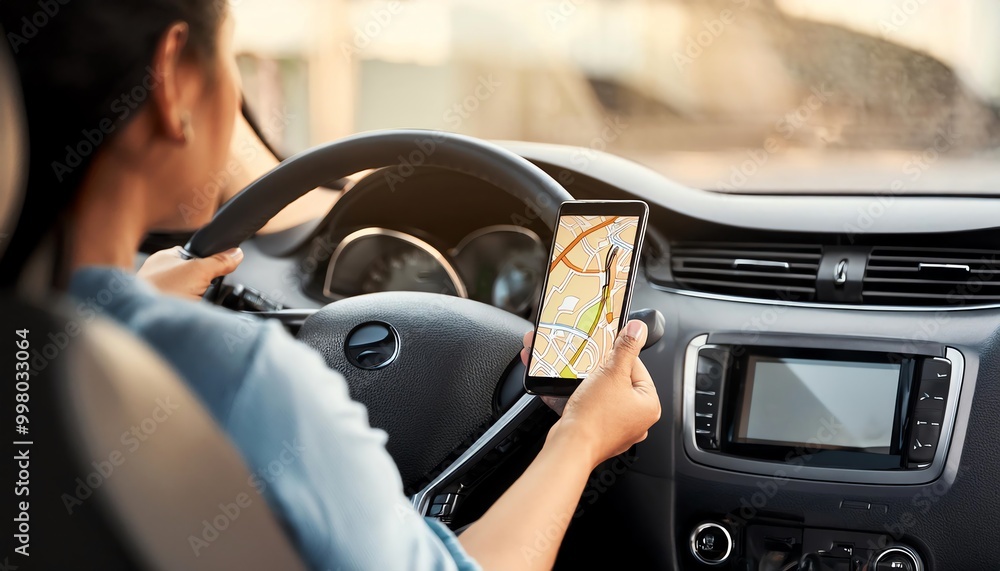 Poster a person driving a car while using a smartphone for navigation, showcasing modern travel methods and