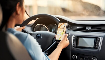 A person driving a car while using a smartphone for navigation, showcasing modern travel methods and multitasking on the road.