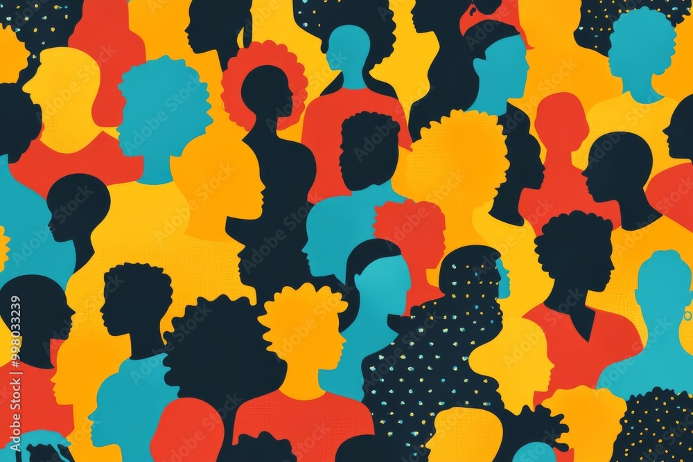 Poster colorful silhouettes of diverse individuals arranged in a repetitive pattern symbolizing inclusion u