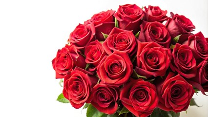 Fisheye view of red roses bouquet on white background