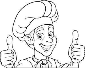 A chef or baker cartoon cook food man mascot character peeking around a sign or menu with copy space illustration