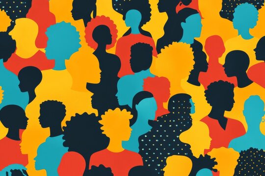 Colorful silhouettes of diverse individuals arranged in a repetitive pattern symbolizing inclusion unity and collective identity in a vibrant abstract design