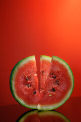 three slice of watermelon on red background