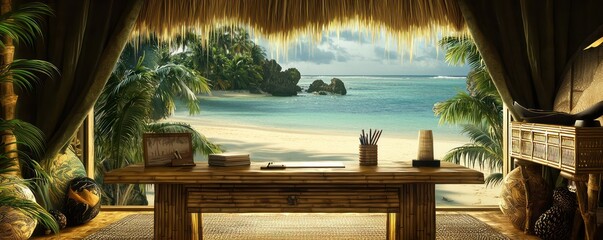 Home office with a tropical resort theme, featuring a bamboo desk, thatch accents, and a backdrop of tropical beaches Relaxing and exotic