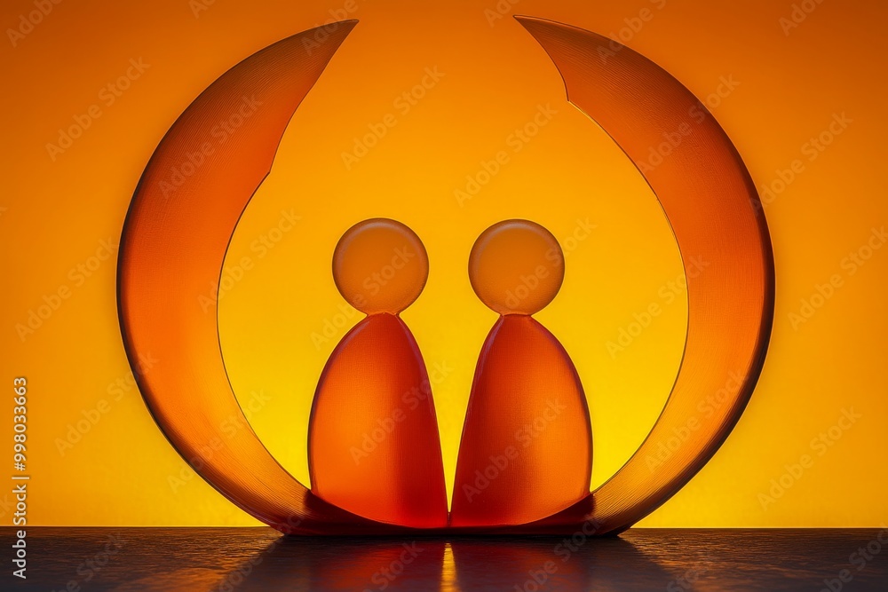 Aufkleber abstract sculpture of two figures enclosed in a crescent shape bathed in warm orange light symbolizi