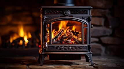 Cozy wood-burning stove radiating warmth in a rustic stone fireplace on a chilly evening