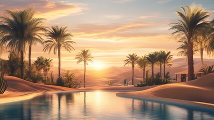 Summer Sunset over Desert Oasis with Palm Trees and Golden Sand Dunes