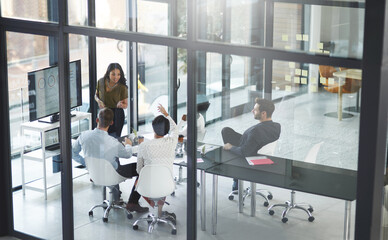 Office, business people and screen for presentation with question, opinion and curiosity in workshop. Glass boardroom, teamwork and speaker with answer for corporate updates, review and training info