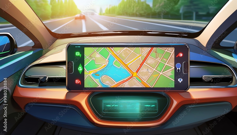 Poster a digital gps display in a modern car shows a colorful map with roads and a lake, enhancing navigati