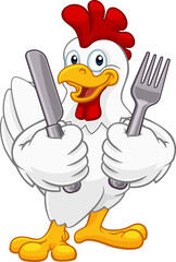 A chicken rooster cockerel cartoon character food mascot holding knife and fork cutlery