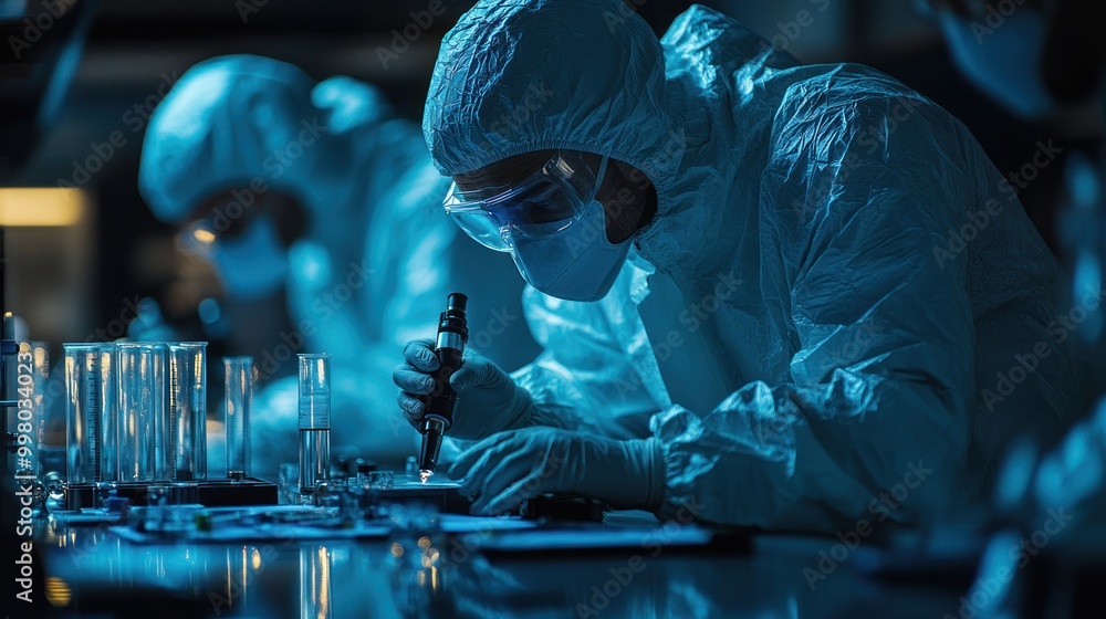 Poster scientist in a lab examining a sample