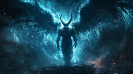 glowing blue-eyed male demon with massive horns and dark wings stands in a stormy sky surrounded by swirling energy and ominous clouds