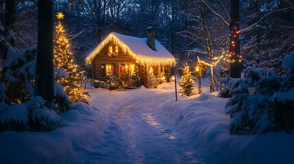 A snowy path leading to a cozy cabin decorated with Christmas lights