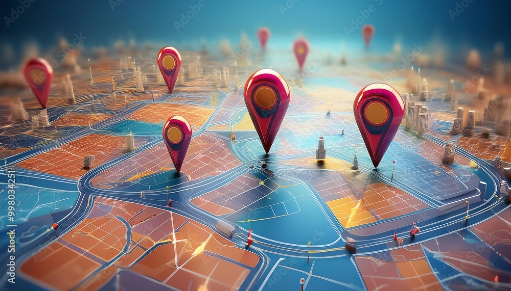 Poster a vibrant digital map featuring location markers, interconnected grids, and pathways, symbolizing na