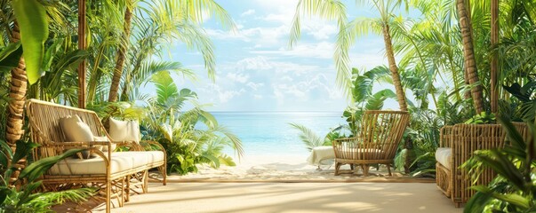 Home office with a tropical resort theme, featuring bamboo furniture, a sand floor, and a backdrop of lush palms and clear blue skies Relaxing and sunny