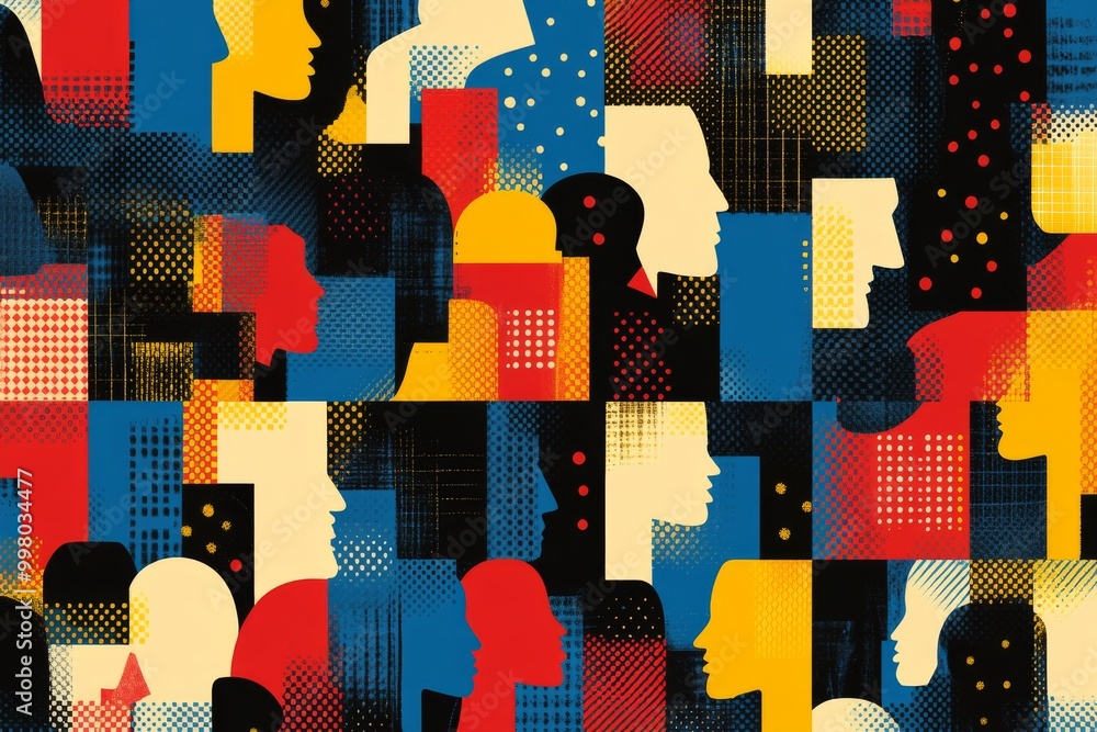 Poster abstract geometric pattern of human silhouettes in red yellow and blue symbolizing diversity social 