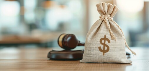A close-up of a money bag with a dollar sign, placed next to a wooden gavel on a polished table. The scene suggests financial transactions or legal matters in a modern office.