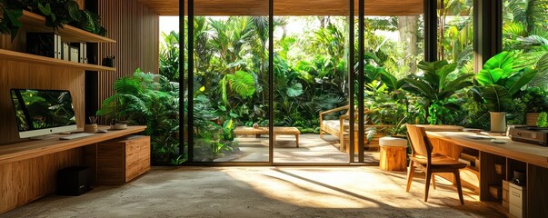 Fototapeta premium Home office with a tropical rainforest theme, featuring lush greenery, wooden furniture, and large windows that open to a garden Natural and refreshing