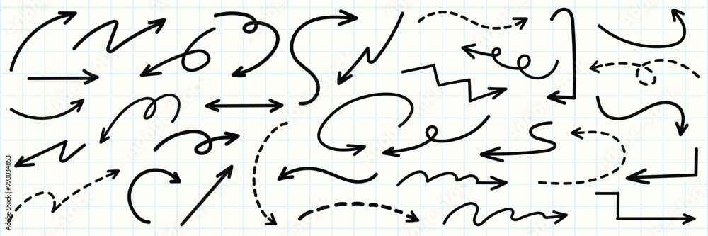 Poster set of simple lines hand drawn black arrows in various style. set of simple of hand drawn black arro