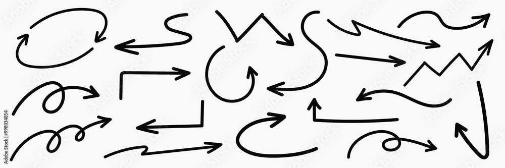 Poster set of simple lines hand drawn black arrows in various style. set of simple of hand drawn black arro